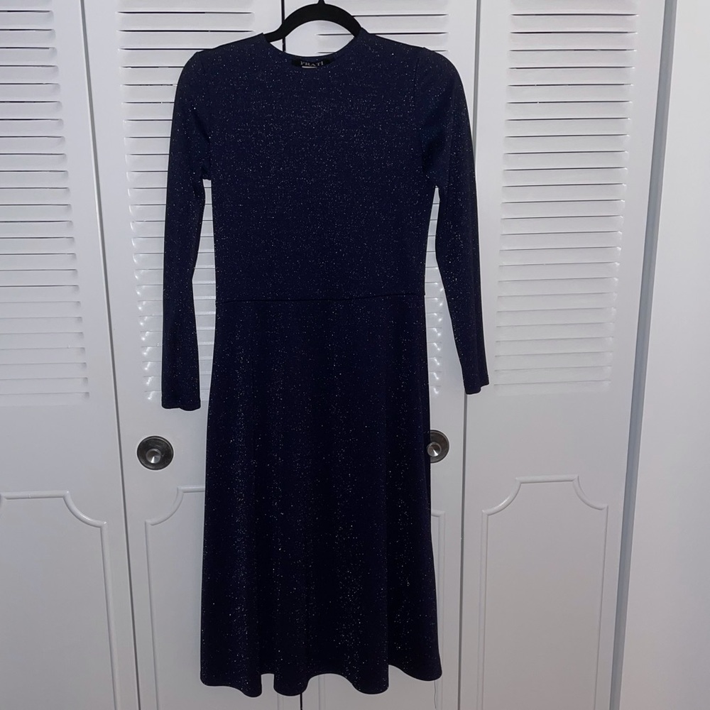 Navy Prati Long Sleeve Midi Dress with Silver Sparkles